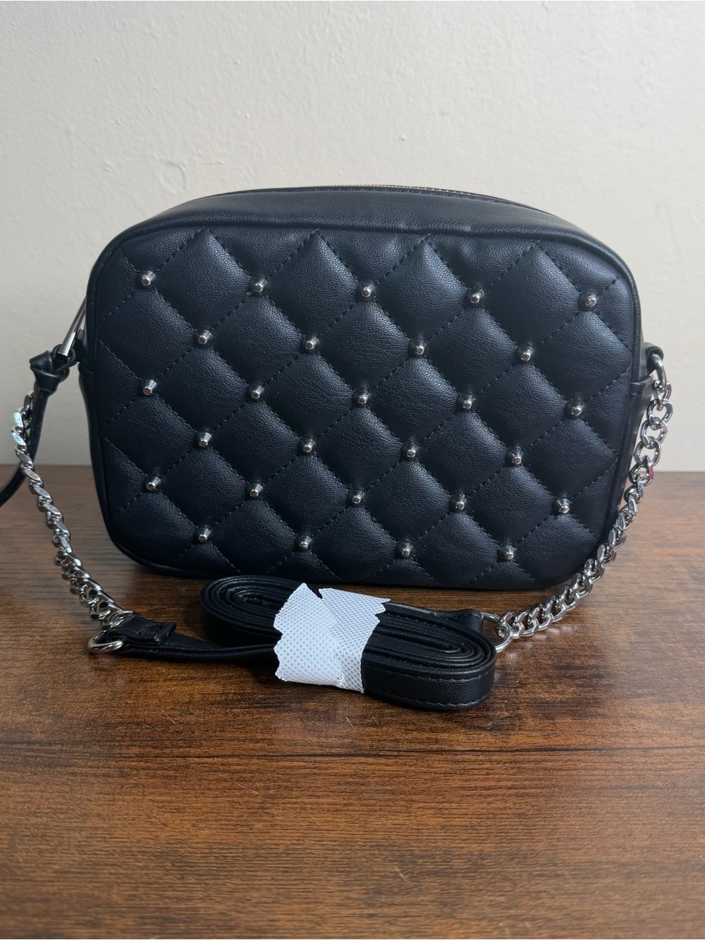 Rebecca Minkoff studded black faux leather chain crossbody purse